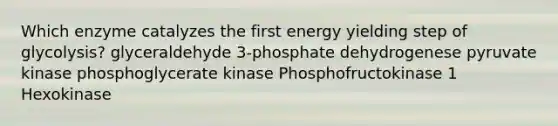 Which enzyme catalyzes the first energy yielding step of glycolysis? glyceraldehyde 3-phosphate dehydrogenese pyruvate kinase phosphoglycerate kinase Phosphofructokinase 1 Hexokinase