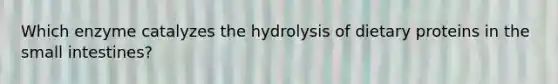 Which enzyme catalyzes the hydrolysis of dietary proteins in the small intestines?