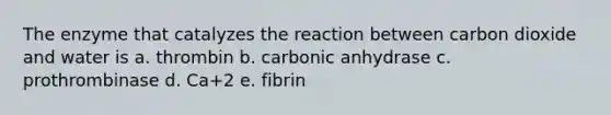 The enzyme that catalyzes the reaction between carbon dioxide and water is a. thrombin b. carbonic anhydrase c. prothrombinase d. Ca+2 e. fibrin