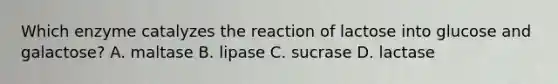 Which enzyme catalyzes the reaction of lactose into glucose and galactose? A. maltase B. lipase C. sucrase D. lactase