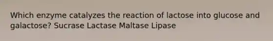 Which enzyme catalyzes the reaction of lactose into glucose and galactose? Sucrase Lactase Maltase Lipase