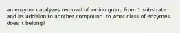 an enzyme catalyzes removal of amino group from 1 substrate and its addition to another compound. to what class of enzymes does it belong?