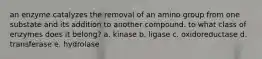 an enzyme catalyzes the removal of an amino group from one substate and its addition to another compound. to what class of enzymes does it belong? a. kinase b. ligase c. oxidoreductase d. transferase e. hydrolase