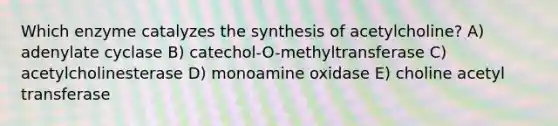 Which enzyme catalyzes the synthesis of acetylcholine? A) adenylate cyclase B) catechol-O-methyltransferase C) acetylcholinesterase D) monoamine oxidase E) choline acetyl transferase