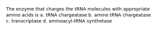 The enzyme that charges the tRNA molecules with appropriate <a href='https://www.questionai.com/knowledge/k9gb720LCl-amino-acids' class='anchor-knowledge'>amino acids</a> is a. tRNA chargeatase b. amino tRNA chargeatase c. transcriptase d. aminoacyl-tRNA synthetase