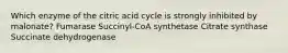 Which enzyme of the citric acid cycle is strongly inhibited by malonate? Fumarase Succinyl-CoA synthetase Citrate synthase Succinate dehydrogenase