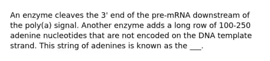 An enzyme cleaves the 3' end of the pre-mRNA downstream of the poly(a) signal. Another enzyme adds a long row of 100-250 adenine nucleotides that are not encoded on the DNA template strand. This string of adenines is known as the ___.