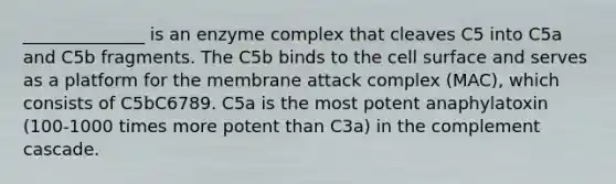 ______________ is an enzyme complex that cleaves C5 into C5a and C5b fragments. The C5b binds to the cell surface and serves as a platform for the membrane attack complex (MAC), which consists of C5bC6789. C5a is the most potent anaphylatoxin (100-1000 times more potent than C3a) in the complement cascade.