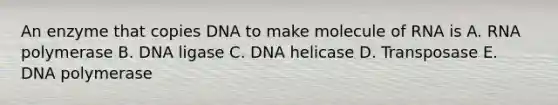 An enzyme that copies DNA to make molecule of RNA is A. RNA polymerase B. DNA ligase C. DNA helicase D. Transposase E. DNA polymerase