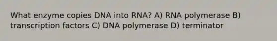 What enzyme copies DNA into RNA? A) RNA polymerase B) transcription factors C) DNA polymerase D) terminator