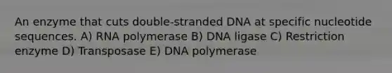 An enzyme that cuts double-stranded DNA at specific nucleotide sequences. A) RNA polymerase B) DNA ligase C) Restriction enzyme D) Transposase E) DNA polymerase