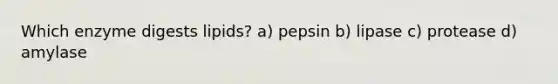 Which enzyme digests lipids? a) pepsin b) lipase c) protease d) amylase