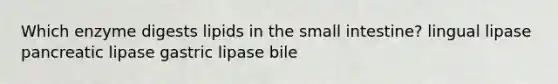 Which enzyme digests lipids in the small intestine? lingual lipase pancreatic lipase gastric lipase bile