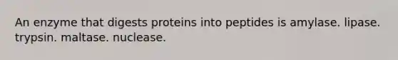 An enzyme that digests proteins into peptides is amylase. lipase. trypsin. maltase. nuclease.