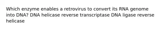 Which enzyme enables a retrovirus to convert its RNA genome into DNA? DNA helicase reverse transcriptase DNA ligase reverse helicase