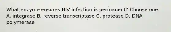 What enzyme ensures HIV infection is permanent? Choose one: A. integrase B. reverse transcriptase C. protease D. DNA polymerase