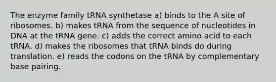 The enzyme family tRNA synthetase a) binds to the A site of ribosomes. b) makes tRNA from the sequence of nucleotides in DNA at the tRNA gene. c) adds the correct amino acid to each tRNA. d) makes the ribosomes that tRNA binds do during translation. e) reads the codons on the tRNA by complementary base pairing.