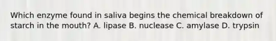 Which enzyme found in saliva begins the chemical breakdown of starch in the mouth? A. lipase B. nuclease C. amylase D. trypsin