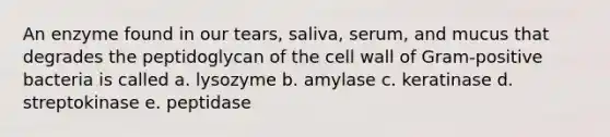 An enzyme found in our tears, saliva, serum, and mucus that degrades the peptidoglycan of the cell wall of Gram-positive bacteria is called a. lysozyme b. amylase c. keratinase d. streptokinase e. peptidase