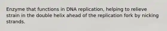 Enzyme that functions in DNA replication, helping to relieve strain in the double helix ahead of the replication fork by nicking strands.