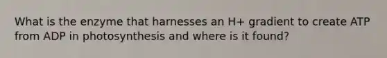 What is the enzyme that harnesses an H+ gradient to create ATP from ADP in photosynthesis and where is it found?