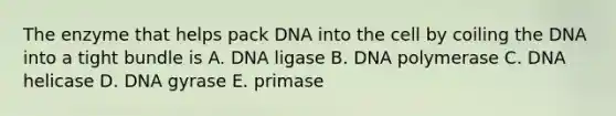 The enzyme that helps pack DNA into the cell by coiling the DNA into a tight bundle is A. DNA ligase B. DNA polymerase C. DNA helicase D. DNA gyrase E. primase