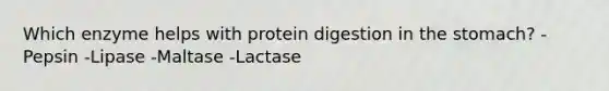 Which enzyme helps with protein digestion in the stomach? -Pepsin -Lipase -Maltase -Lactase