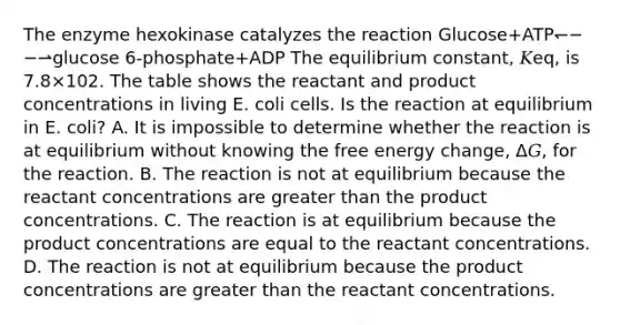 The enzyme hexokinase catalyzes the reaction Glucose+ATP↽−−⇀glucose 6‑phosphate+ADP The equilibrium constant, 𝐾eq, is 7.8×102. The table shows the reactant and product concentrations in living E. coli cells. Is the reaction at equilibrium in E. coli? A. It is impossible to determine whether the reaction is at equilibrium without knowing the free energy change, Δ𝐺, for the reaction. B. The reaction is not at equilibrium because the reactant concentrations are greater than the product concentrations. C. The reaction is at equilibrium because the product concentrations are equal to the reactant concentrations. D. The reaction is not at equilibrium because the product concentrations are greater than the reactant concentrations.