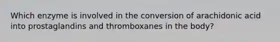 Which enzyme is involved in the conversion of arachidonic acid into prostaglandins and thromboxanes in the body?