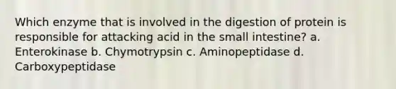 Which enzyme that is involved in the digestion of protein is responsible for attacking acid in the small intestine? a. Enterokinase b. Chymotrypsin c. Aminopeptidase d. Carboxypeptidase