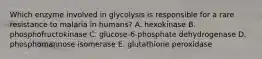 Which enzyme involved in glycolysis is responsible for a rare resistance to malaria in humans? A. hexokinase B. phosphofructokinase C. glucose-6-phosphate dehydrogenase D. phosphomannose isomerase E. glutathione peroxidase