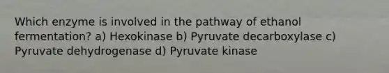 Which enzyme is involved in the pathway of ethanol fermentation? a) Hexokinase b) Pyruvate decarboxylase c) Pyruvate dehydrogenase d) Pyruvate kinase