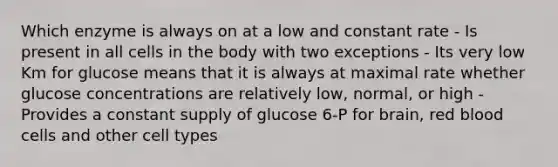 Which enzyme is always on at a low and constant rate - Is present in all cells in the body with two exceptions - Its very low Km for glucose means that it is always at maximal rate whether glucose concentrations are relatively low, normal, or high - Provides a constant supply of glucose 6-P for brain, red blood cells and other cell types