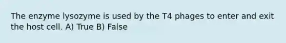 The enzyme lysozyme is used by the T4 phages to enter and exit the host cell. A) True B) False