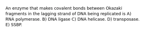 An enzyme that makes covalent bonds between Okazaki fragments in the lagging strand of DNA being replicated is A) RNA polymerase. B) DNA ligase C) DNA helicase. D) transposase. E) SSBP.