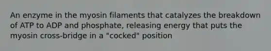 An enzyme in the myosin filaments that catalyzes the breakdown of ATP to ADP and phosphate, releasing energy that puts the myosin cross-bridge in a "cocked" position