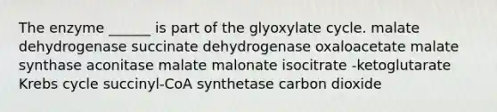 The enzyme ______ is part of the glyoxylate cycle. malate dehydrogenase succinate dehydrogenase oxaloacetate malate synthase aconitase malate malonate isocitrate -ketoglutarate Krebs cycle succinyl-CoA synthetase carbon dioxide