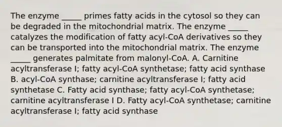 The enzyme _____ primes fatty acids in the cytosol so they can be degraded in the mitochondrial matrix. The enzyme _____ catalyzes the modification of fatty acyl-CoA derivatives so they can be transported into the mitochondrial matrix. The enzyme _____ generates palmitate from malonyl-CoA. A. Carnitine acyltransferase I; fatty acyl-CoA synthetase; fatty acid synthase B. acyl-CoA synthase; carnitine acyltransferase I; fatty acid synthetase C. Fatty acid synthase; fatty acyl-CoA synthetase; carnitine acyltransferase I D. Fatty acyl-CoA synthetase; carnitine acyltransferase I; fatty acid synthase