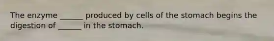 The enzyme ______ produced by cells of <a href='https://www.questionai.com/knowledge/kLccSGjkt8-the-stomach' class='anchor-knowledge'>the stomach</a> begins the digestion of ______ in the stomach.