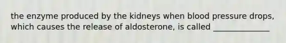 the enzyme produced by the kidneys when blood pressure drops, which causes the release of aldosterone, is called ______________