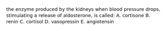 the enzyme produced by the kidneys when blood pressure drops, stimulating a release of aldosterone, is called: A. cortisone B. renin C. cortisol D. vasopressin E. angiotensin