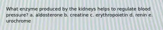 What enzyme produced by the kidneys helps to regulate blood pressure? a. aldosterone b. creatine c. erythropoietin d. renin e. urochrome