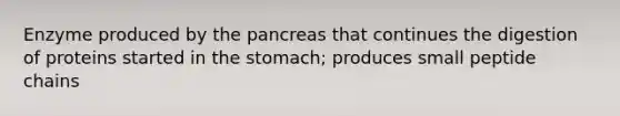 Enzyme produced by the pancreas that continues the digestion of proteins started in the stomach; produces small peptide chains