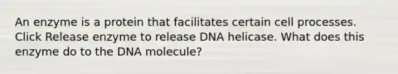 An enzyme is a protein that facilitates certain cell processes. Click Release enzyme to release DNA helicase. What does this enzyme do to the DNA molecule?