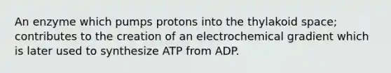 An enzyme which pumps protons into the thylakoid space; contributes to the creation of an electrochemical gradient which is later used to synthesize ATP from ADP.