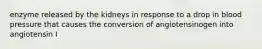 enzyme released by the kidneys in response to a drop in blood pressure that causes the conversion of angiotensinogen into angiotensin I