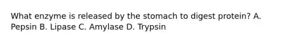 What enzyme is released by the stomach to digest protein? A. Pepsin B. Lipase C. Amylase D. Trypsin