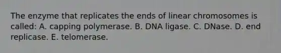 The enzyme that replicates the ends of linear chromosomes is called: A. capping polymerase. B. DNA ligase. C. DNase. D. end replicase. E. telomerase.