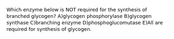 Which enzyme below is NOT required for the synthesis of branched glycogen? A)glycogen phosphorylase B)glycogen synthase C)branching enzyme D)phosphoglucomutase E)All are required for synthesis of glycogen.