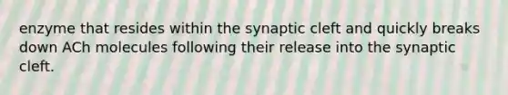 enzyme that resides within the synaptic cleft and quickly breaks down ACh molecules following their release into the synaptic cleft.